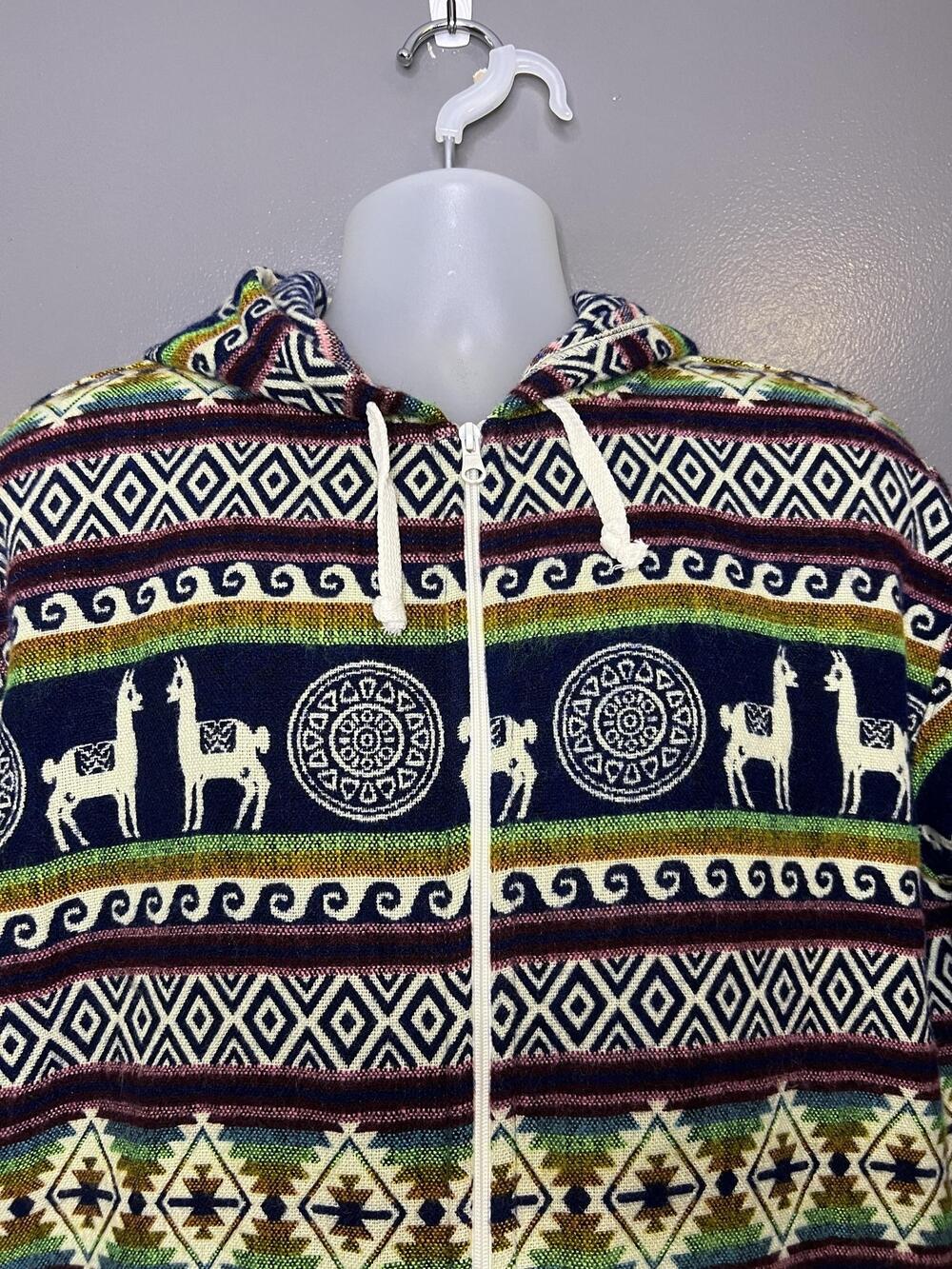 Llama Alpaca Sweater Mens XL Wool Blue Hooded Full Zip Knit Ecuador Tribal